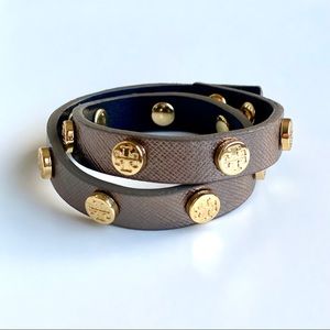 Tory Burch leather double wrap logo stud bracelet